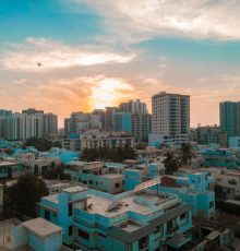 a beautiful sunset view and buildings